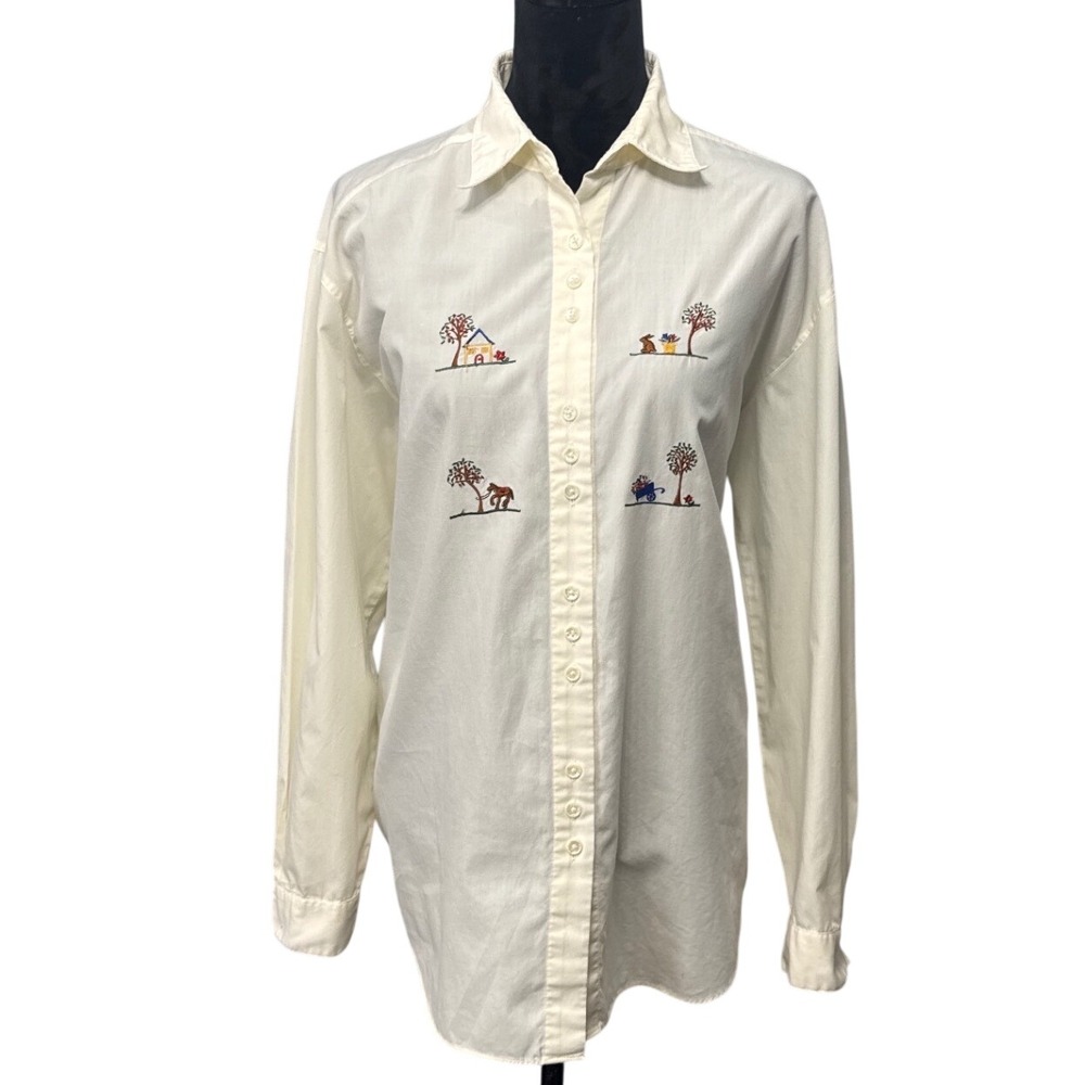Cabin Creek Large Tall Embroidered Folk Art Shirt LT Cream Button Front Cottage